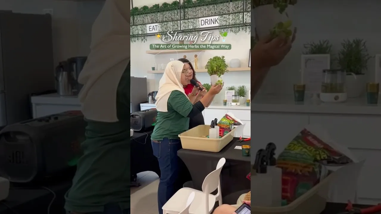 A woman in a headscarf holding a microphone and a potted herb plant, sharing herb-growing tips at the IX SURIA Sip & Sow workshop