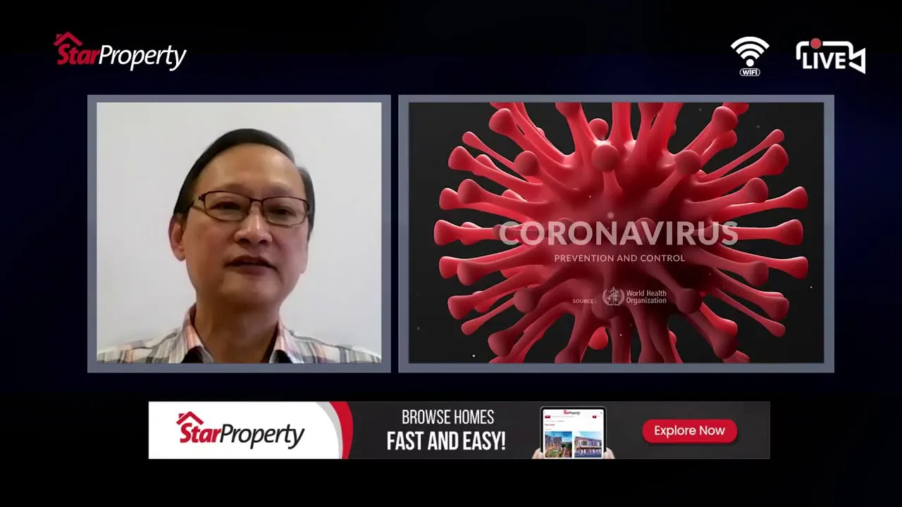 Datuk Chew joining a StarProperty live stream by webcam beside a coronavirus prevention-and-control graphic