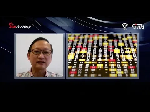 Datuk Chew joining a StarProperty live stream by webcam beside an on-screen board of property price figures