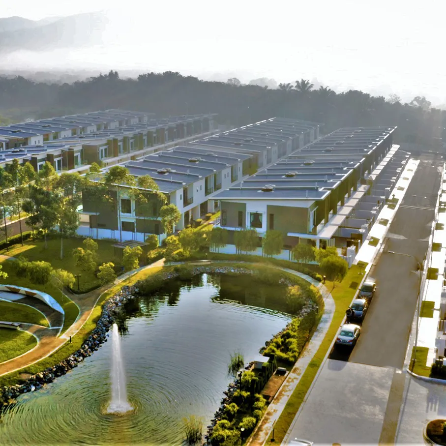 Aerial view of OnePark's link homes wrapped around the central park and lake