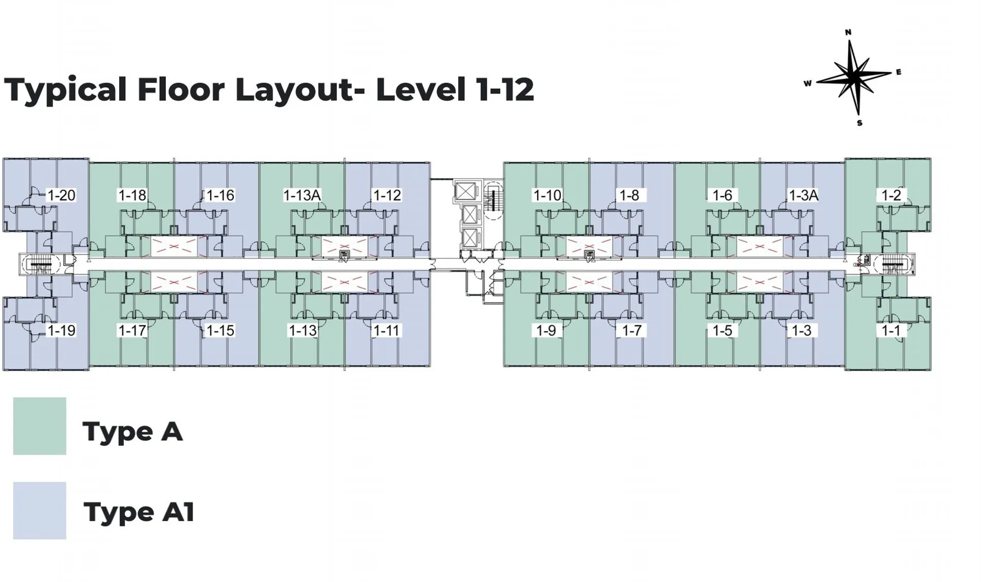 Typical floor layout, levels 1–12, showing Type A and Type A1 units