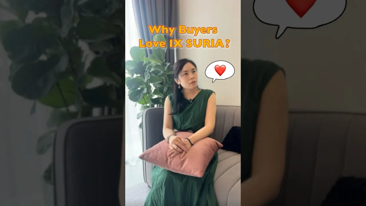 A woman in a green dress seated on a sofa in an IX SURIA show unit, under a “Why Buyers Love IX SURIA?” caption