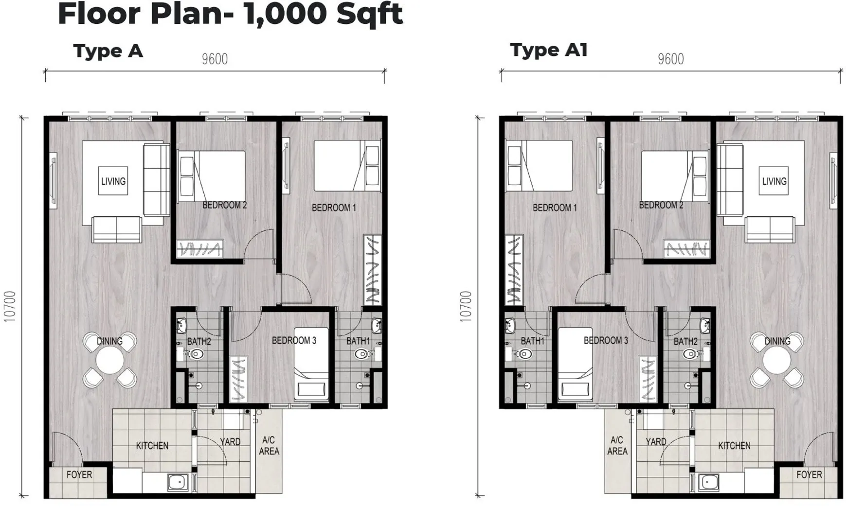Type A and Type A1 unit layouts — 1,000 sq ft with three bedrooms