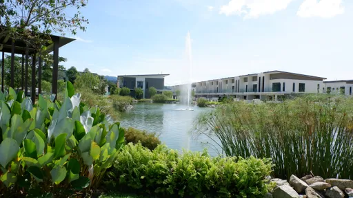 The central-park lake and fountain within OnePark.