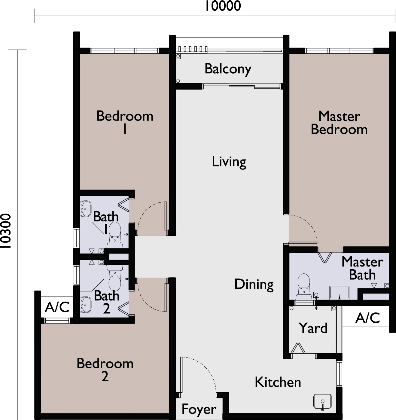 Type A floor plan — three bedrooms, three bathrooms and a balcony