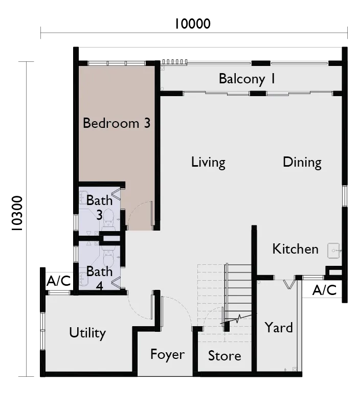 Type B lower floor — living, dining, kitchen, one bedroom and utility