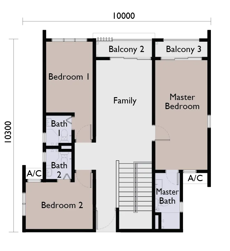 Type B upper floor — three bedrooms and a family area