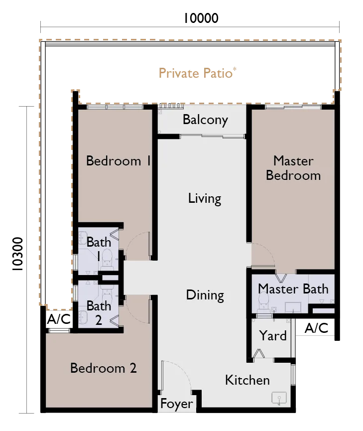 Type C floor plan — three bedrooms opening onto a private patio