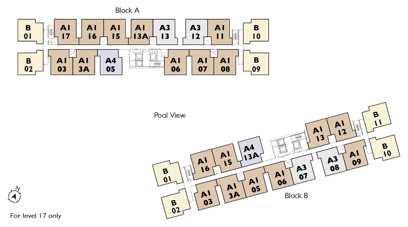 Key plan of Level 17 unit positions, Blocks A and B — IX SURIA Residences