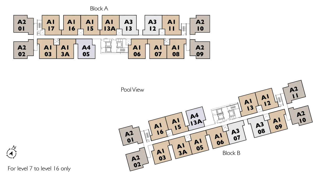 Key plan of Levels 7 to 16 unit positions, Blocks A and B — IX SURIA Residences
