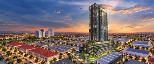 A render of The Sky Residence @ Shamelin, a service apartment tower above a row of shoplots in Kuala Lumpur.